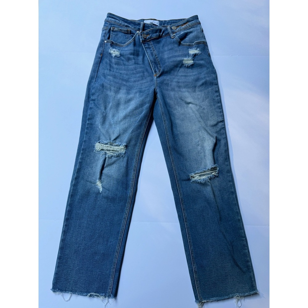 Risen Straight Leg Ankle Jean Sz 11/30 Blue Crossover Closure Edgy Denim Grunge